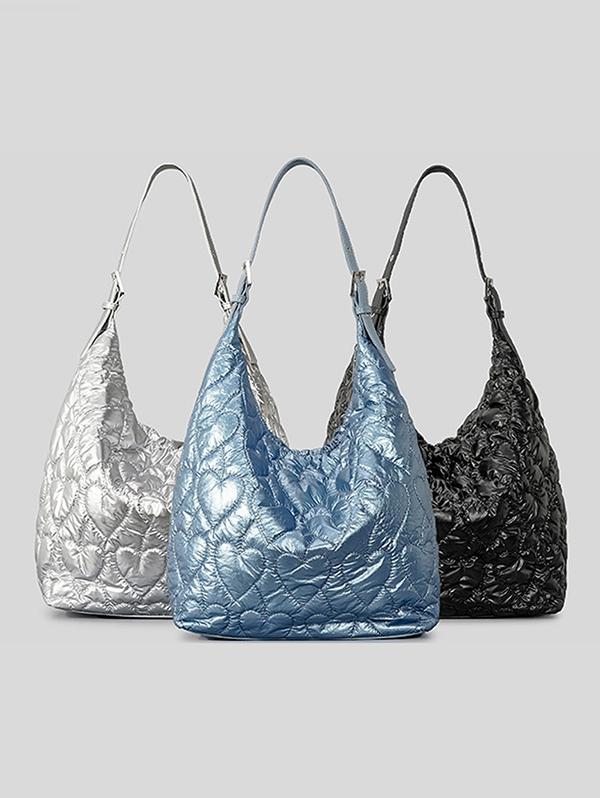 Women's Winter Soft Padded Puffer Quilted Heart Pattern High Capacity Shoulder Bag