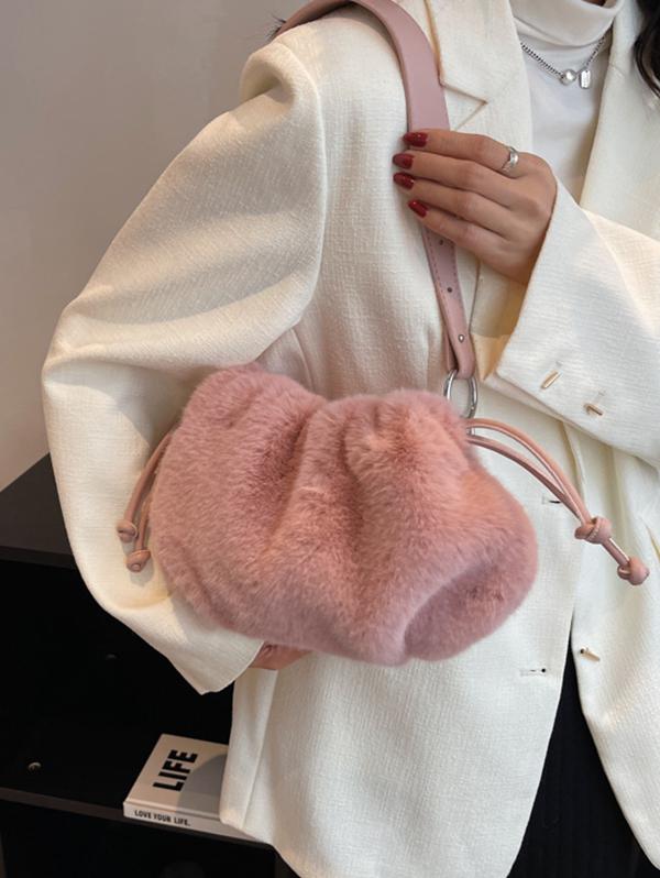 Women's Plush Faux Fur Drawstring Solid Color Fashion Shoulder Bag