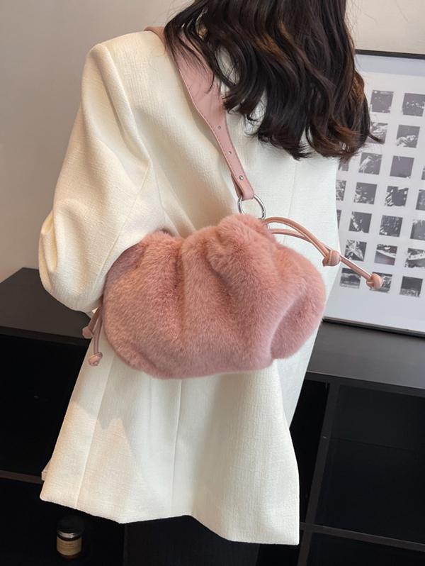 Women's Plush Faux Fur Drawstring Solid Color Fashion Shoulder Bag