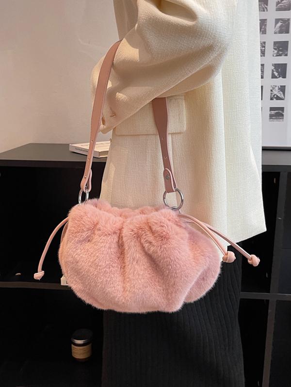 Women's Plush Faux Fur Drawstring Solid Color Fashion Shoulder Bag
