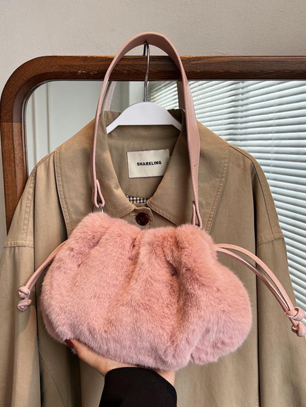 Women's Plush Faux Fur Drawstring Solid Color Fashion Shoulder Bag