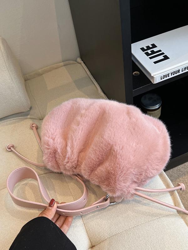 Women's Plush Faux Fur Drawstring Solid Color Fashion Shoulder Bag