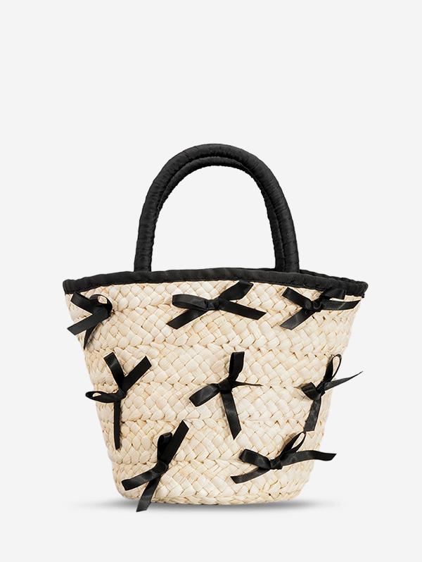 Women's Daily Beach Vacation Bow Decor Woven Straw Design Bucket Basket Tote Bag