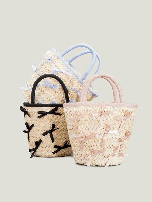Women's Daily Beach Vacation Bow Decor Woven Straw Design Bucket Basket Tote Bag