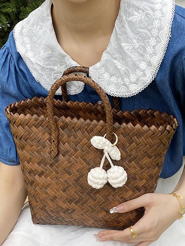 Women's Beach Vacation Outdoor Picnics Pendant Decor Woven Design Basket Tote Bag