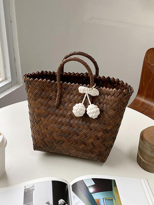 Women's Beach Vacation Outdoor Picnics Pendant Decor Woven Design Basket Tote Bag