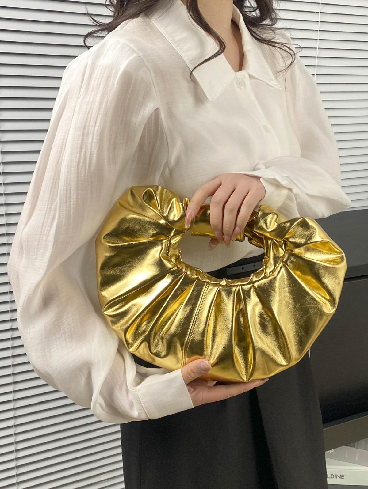 Women's Metallic Color Pleated Party Clutch Bag
