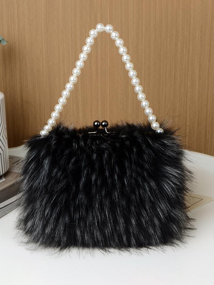 Women's Fashion Faux Pearl Handle Fluffy Faux Fur Evening Party Tote Bag