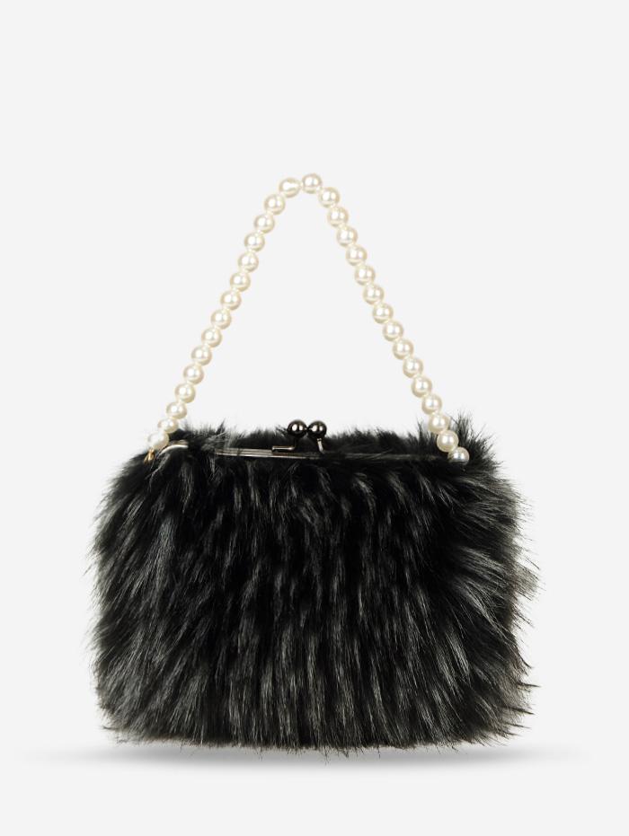 Women's Fashion Faux Pearl Handle Fluffy Faux Fur Evening Party Tote Bag