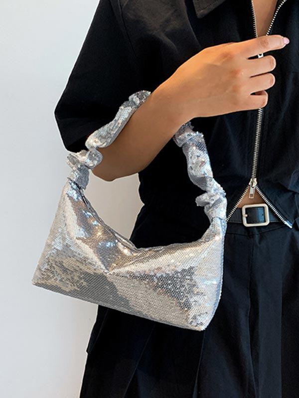 Women's Fashion Daily Y2K Streetwear Solid Color Metallic Shine Sequined Design Ruched Strap Cluthes Style Handbag