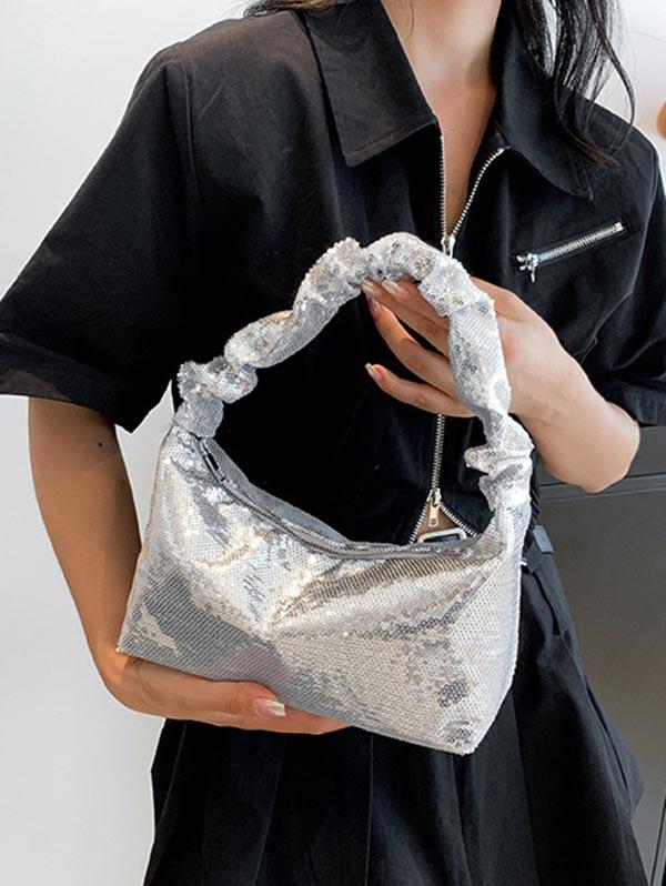Women's Fashion Daily Y2K Streetwear Solid Color Metallic Shine Sequined Design Ruched Strap Cluthes Style Handbag