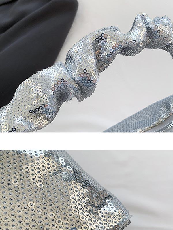 Women's Fashion Daily Y2K Streetwear Solid Color Metallic Shine Sequined Design Ruched Strap Cluthes Style Handbag