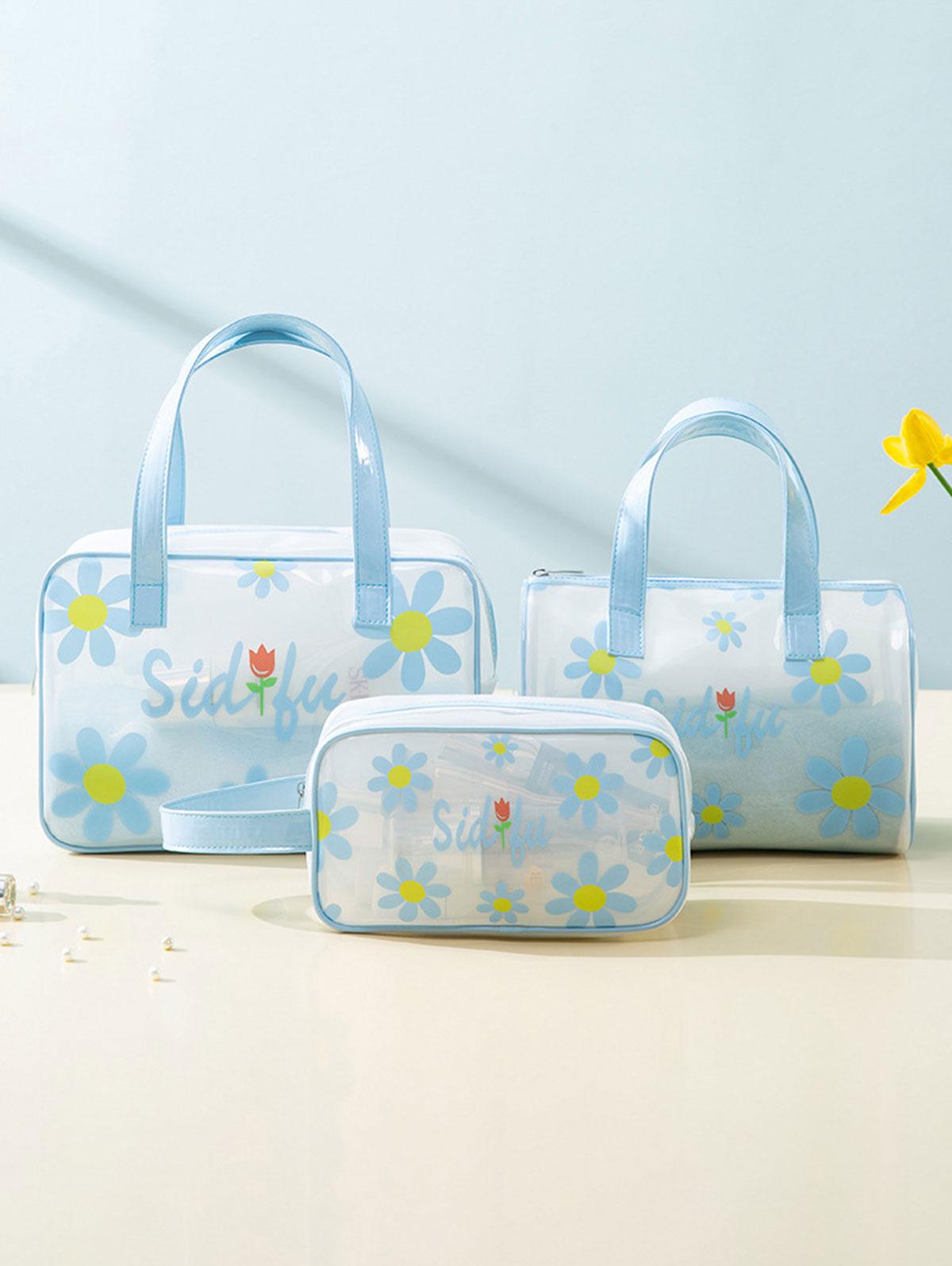 Women's Fashion Daily Travel Letter Butterfly Floral Pattern Semi-sheer PVC Clear Storage Makeup Cosmetic Wash Toiletry Bag
