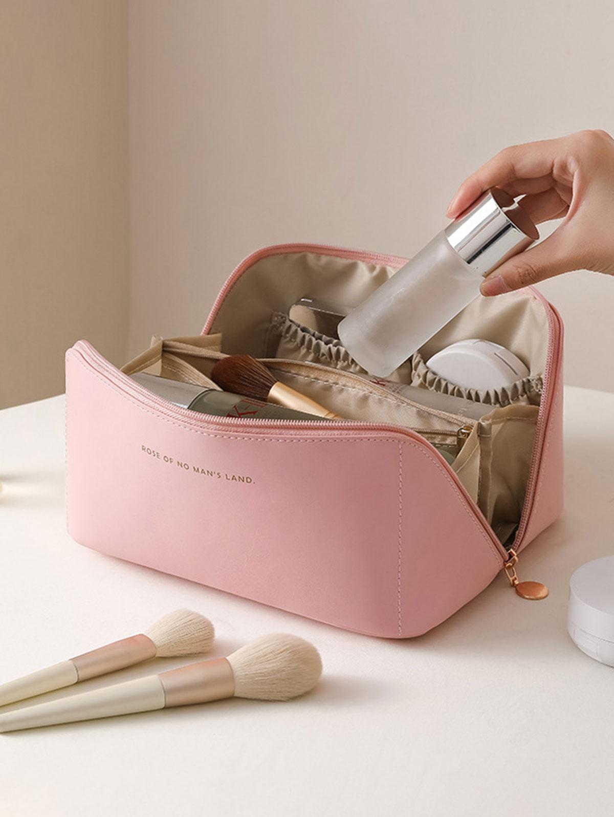 2Pcs Solid Color PU Leather Portable Travel Multilayer Washing Storage Cosmetic Bag with Make Up Brush Bag