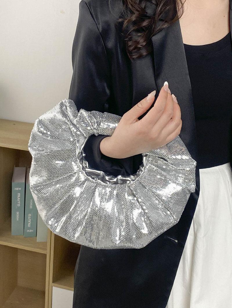 Women's Fashion Streetwear Party Metallic Shimmery Shine Color Sequined Ruched Design Tote Clutches Bag