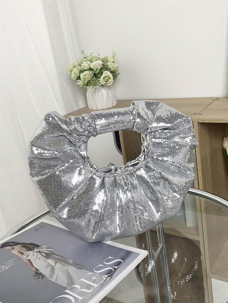 Women's Fashion Streetwear Party Metallic Shimmery Shine Color Sequined Ruched Design Tote Clutches Bag