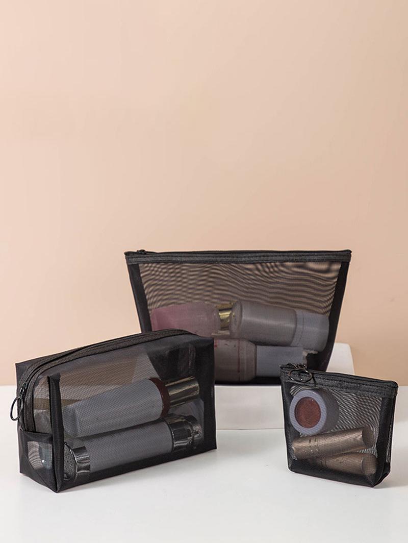 Women's 3Pcs Fashion Daily Travel Swimming Sheer Mesh Storage Makeup Cosmetic Wash Toiletry Bag