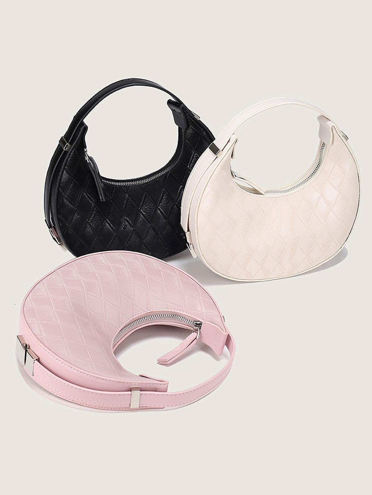 Women's Rhombus Textured Half Moon Buckle Decorated Shoulder Bag Handbag