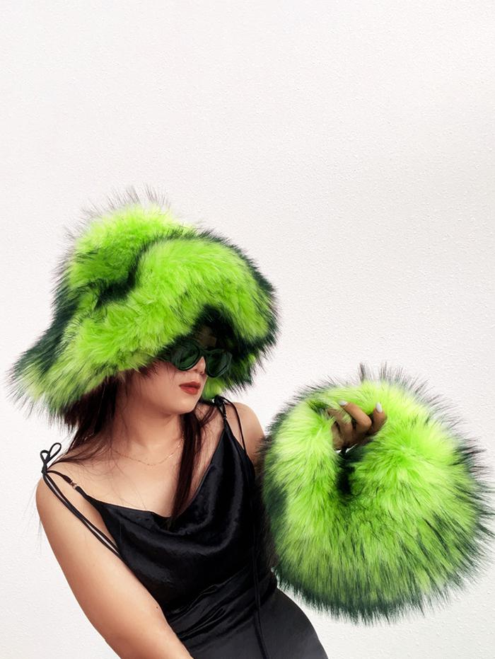Women's Y2K Fluffy Fuzzy Furry Faux Fur Textured Top Handle Mini Bag and Matching Bucket Hat set
