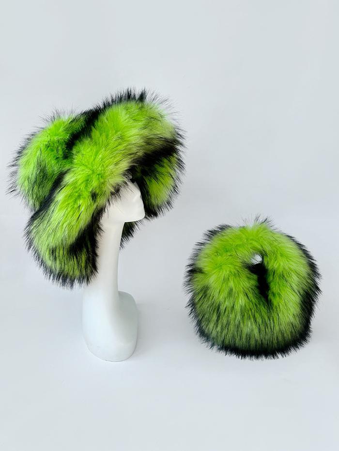 Women's Y2K Fluffy Fuzzy Furry Faux Fur Textured Top Handle Mini Bag and Matching Bucket Hat set