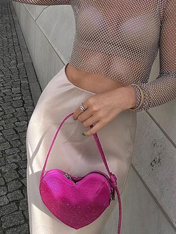 Women's Sweet Valentine's Day Shine Sparkly Rhinestones Decor Knot Design Heart Shape Mini Party Prom Evening Shoulder Bag