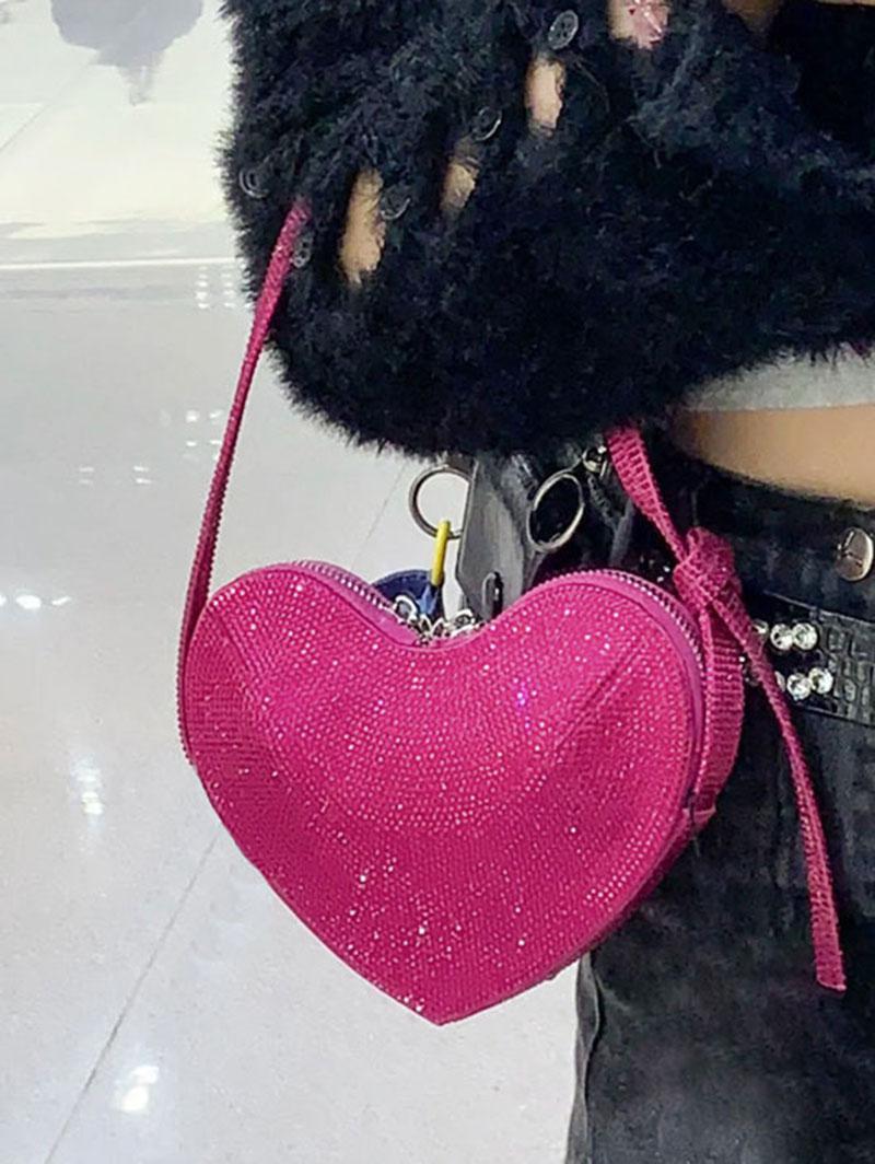 Women's Sweet Valentine's Day Shine Sparkly Rhinestones Decor Knot Design Heart Shape Mini Party Prom Evening Shoulder Bag