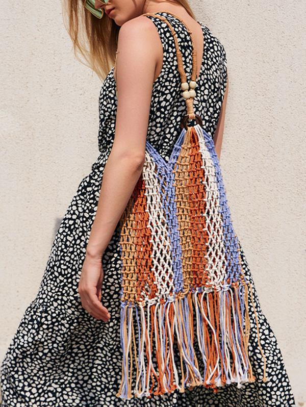 Ethnic Style Hollow Out Braided Tassel Design Beach Tote Bag