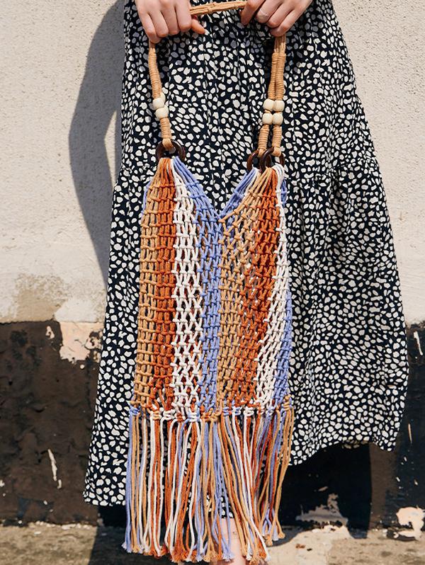 Ethnic Style Hollow Out Braided Tassel Design Beach Tote Bag