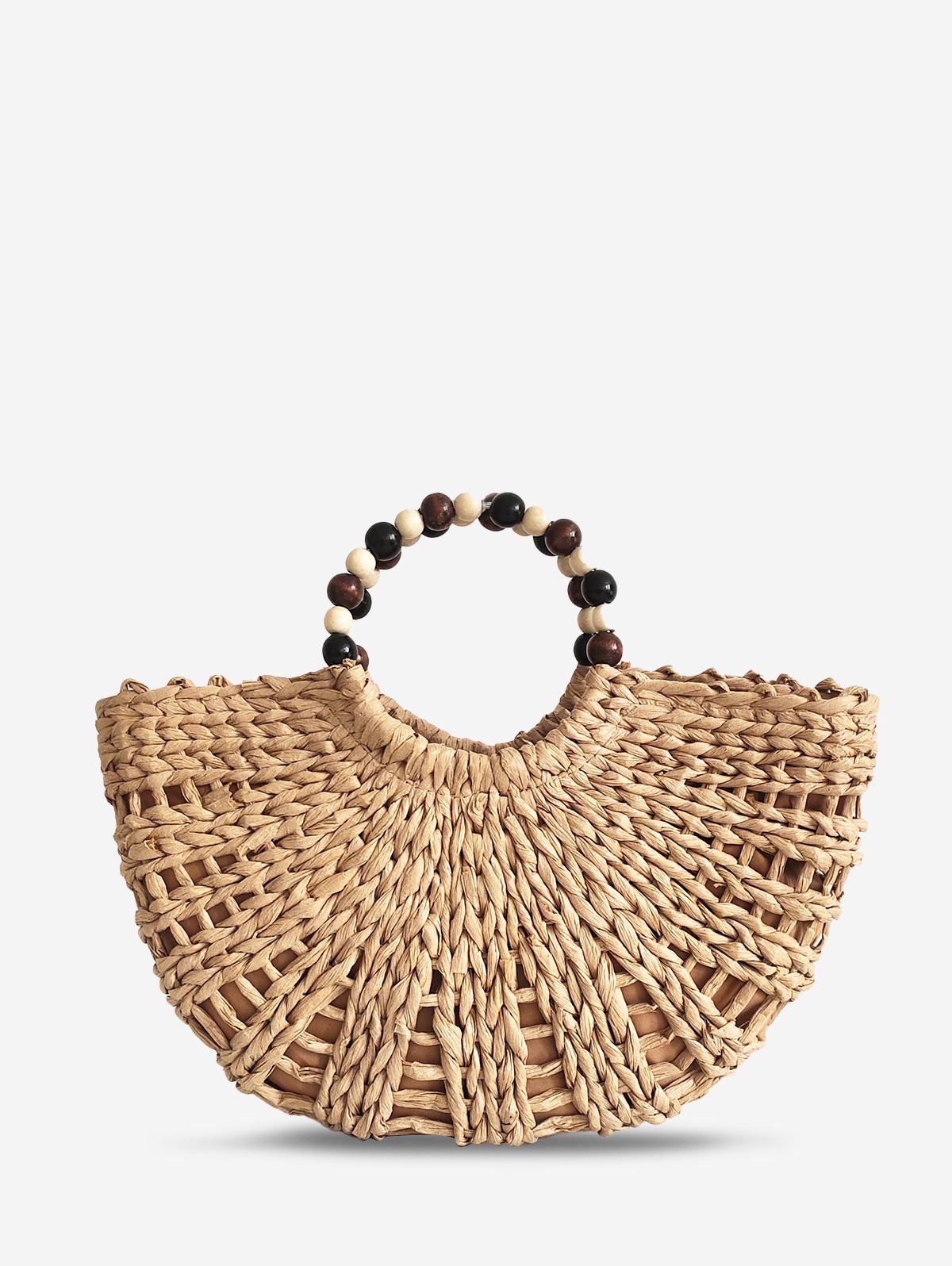 Women's Beach Vacation Large Capacity Beading Handle Straw Bag