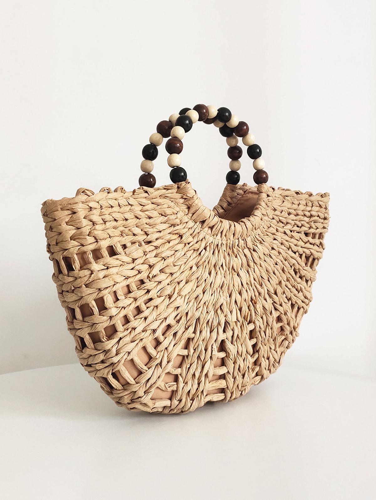 Women's Beach Vacation Large Capacity Beading Handle Straw Bag