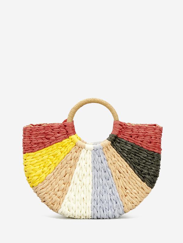 Colorblock Straw Braided Beach Boho Tote Bag