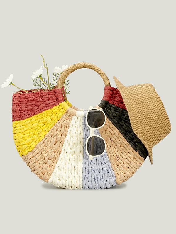 Colorblock Straw Braided Beach Boho Tote Bag