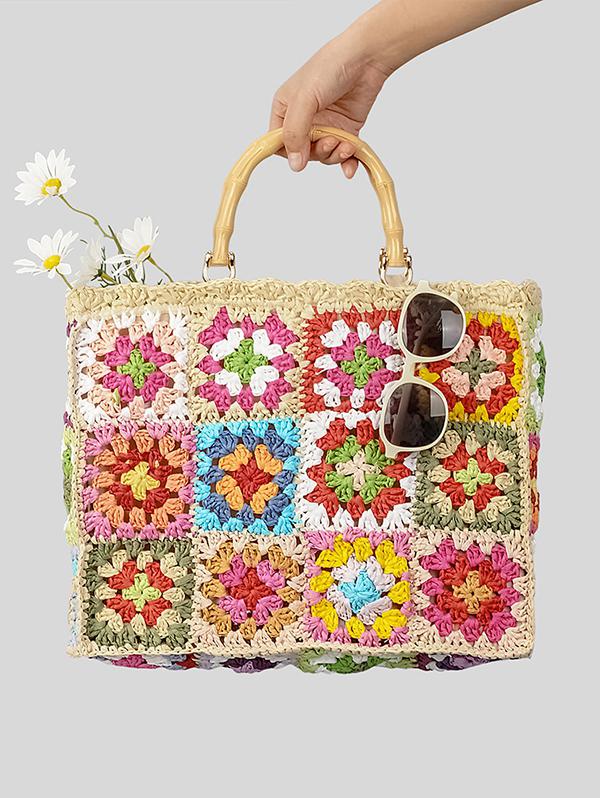 Women's Handmade Weave Flower Patterblock Hollow Out Bamboo Joint Handle Vacation Beach Tote Bag (Random Color)