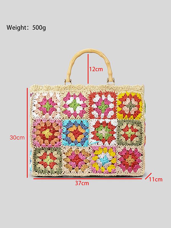Women's Handmade Weave Flower Patterblock Hollow Out Bamboo Joint Handle Vacation Beach Tote Bag (Random Color)