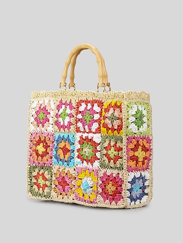 Women's Handmade Weave Flower Patterblock Hollow Out Bamboo Joint Handle Vacation Beach Tote Bag (Random Color)