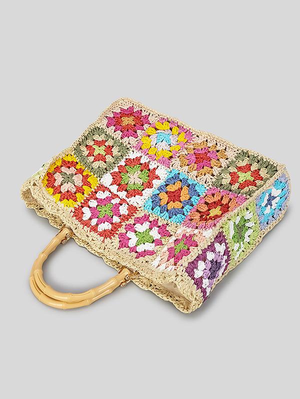 Women's Handmade Weave Flower Patterblock Hollow Out Bamboo Joint Handle Vacation Beach Tote Bag (Random Color)