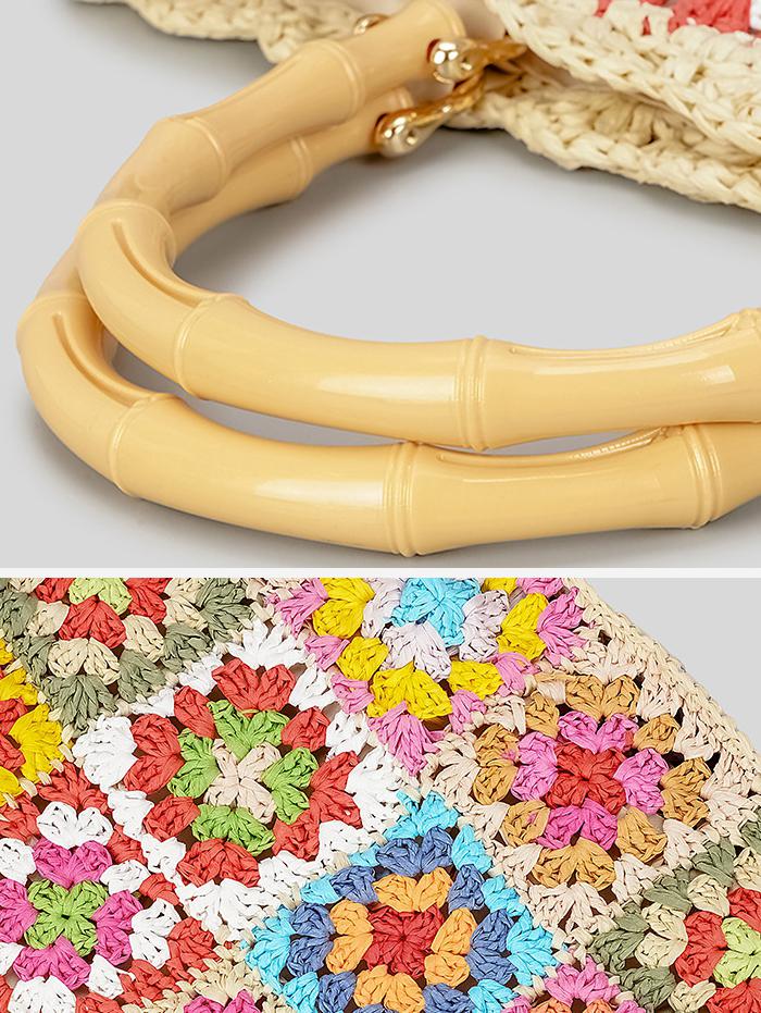 Women's Handmade Weave Flower Patterblock Hollow Out Bamboo Joint Handle Vacation Beach Tote Bag (Random Color)