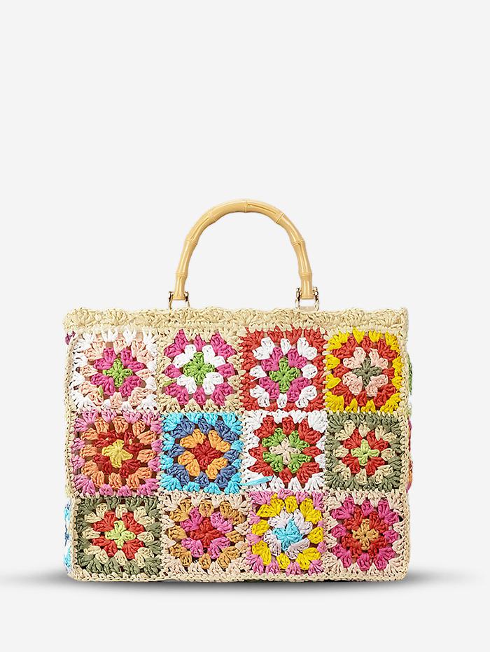 Women's Handmade Weave Flower Patterblock Hollow Out Bamboo Joint Handle Vacation Beach Tote Bag (Random Color)