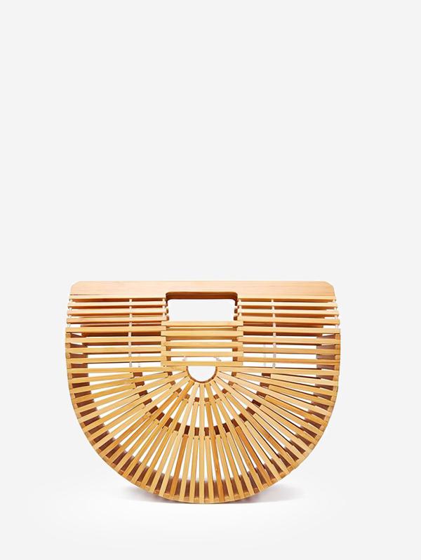 Women's Beach Summer Vacation Handmade Top Handle Bamboo Woven Semicircle Shaped Handbag Clutches Tote Bag