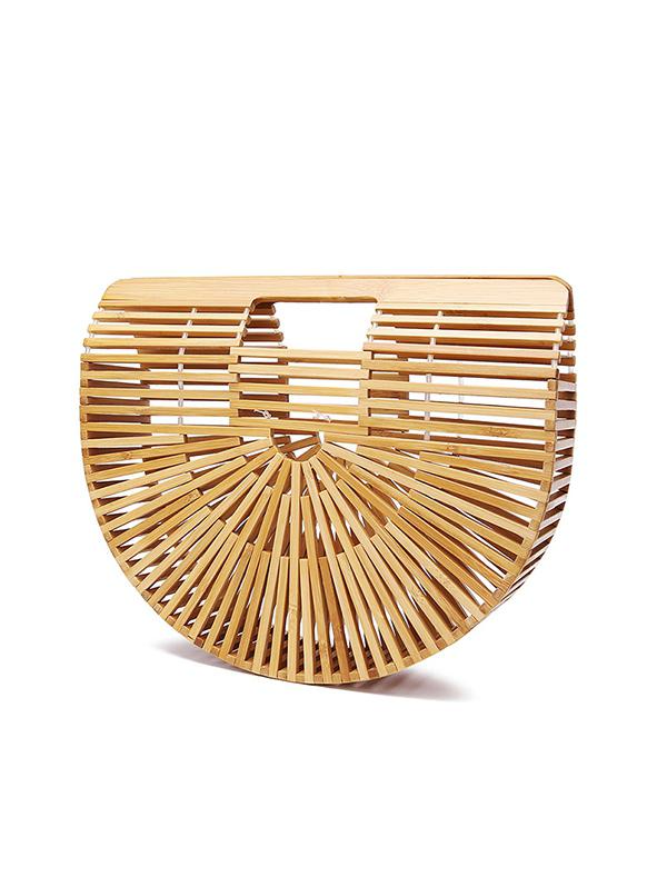 Women's Beach Summer Vacation Handmade Top Handle Bamboo Woven Semicircle Shaped Handbag Clutches Tote Bag