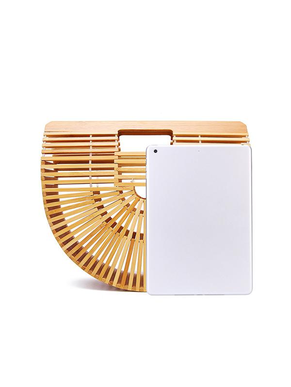 Women's Beach Summer Vacation Handmade Top Handle Bamboo Woven Semicircle Shaped Handbag Clutches Tote Bag