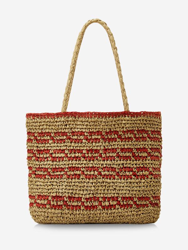 Women's Retro Striped Handmade Woven Color Blocking Beach Vacation Drawstring Shoulder Bag
