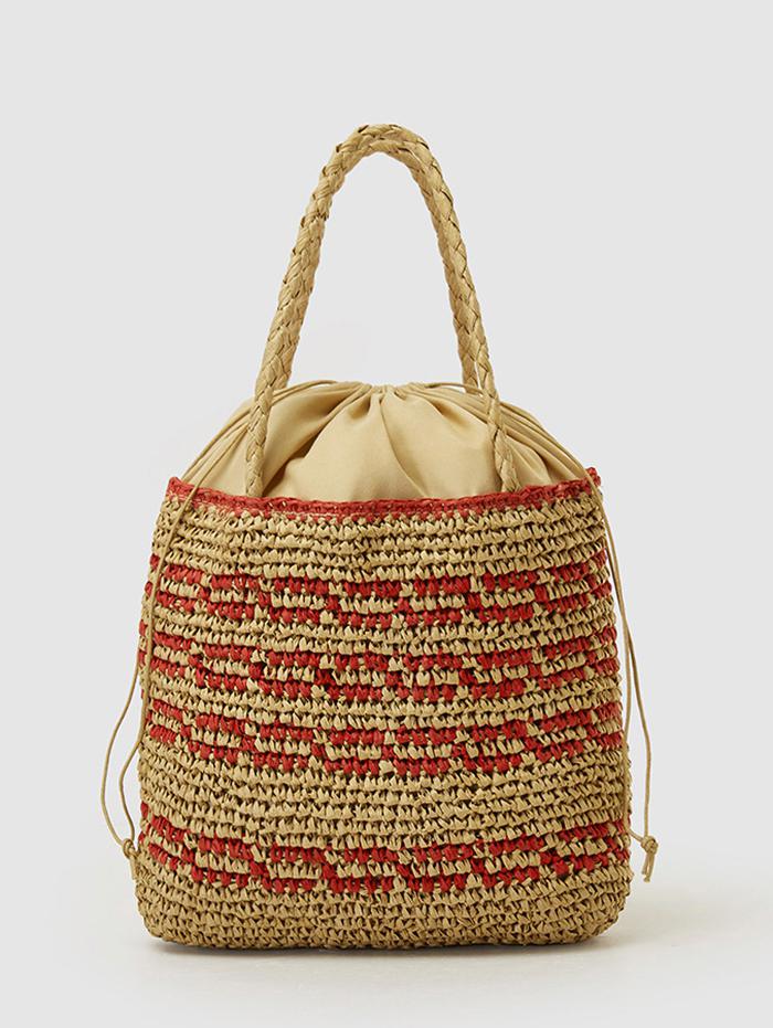 Women's Retro Striped Handmade Woven Color Blocking Beach Vacation Drawstring Shoulder Bag