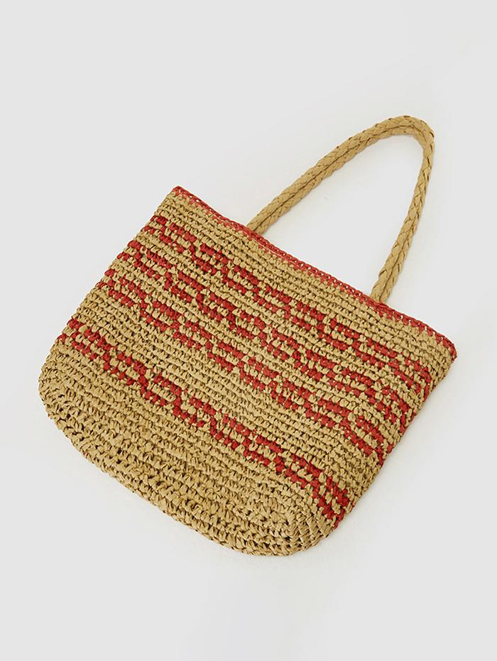 Women's Retro Striped Handmade Woven Color Blocking Beach Vacation Drawstring Shoulder Bag