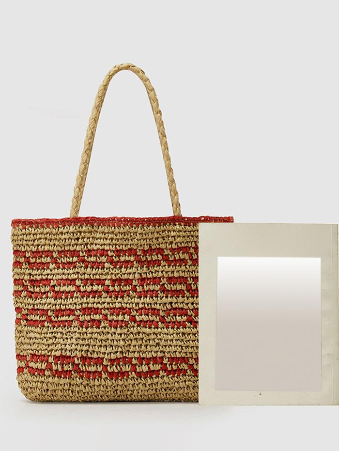 Women's Retro Striped Handmade Woven Color Blocking Beach Vacation Drawstring Shoulder Bag