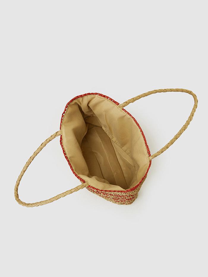 Women's Retro Striped Handmade Woven Color Blocking Beach Vacation Drawstring Shoulder Bag