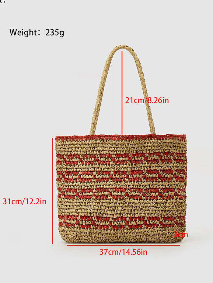 Women's Retro Striped Handmade Woven Color Blocking Beach Vacation Drawstring Shoulder Bag