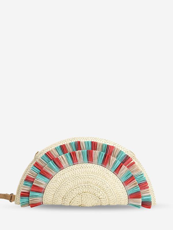 Women's Beach Vacation Straw Raffia Tassel Semicircle Fan Shaped Wristlet