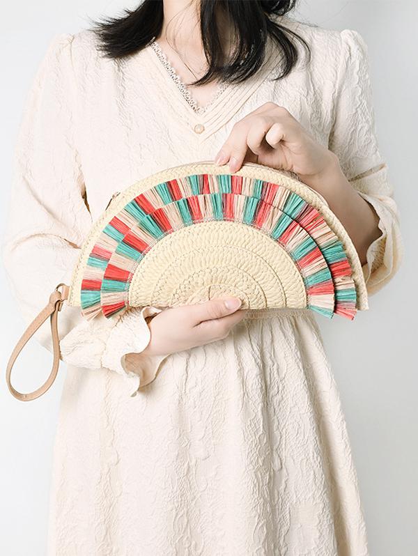 Women's Beach Vacation Straw Raffia Tassel Semicircle Fan Shaped Wristlet