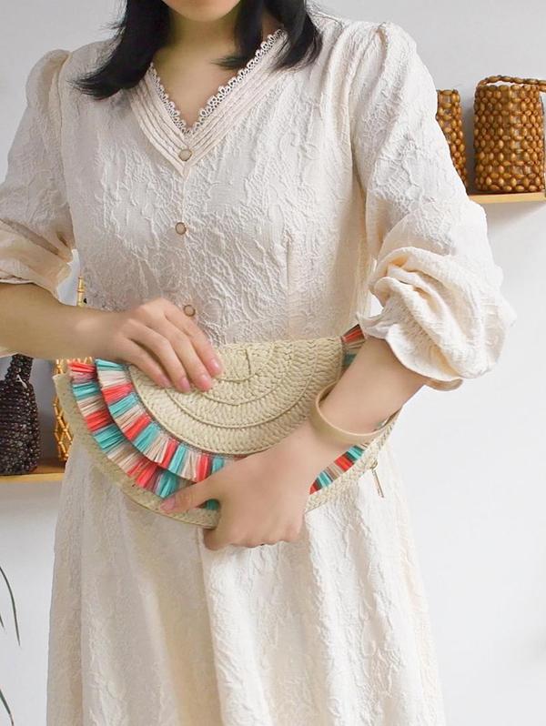 Women's Beach Vacation Straw Raffia Tassel Semicircle Fan Shaped Wristlet
